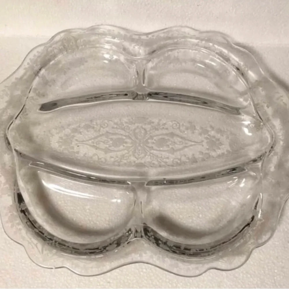 Vintage Cambridge Rose Point Relish Dish 5 Part Divided Etched Glass 1930s